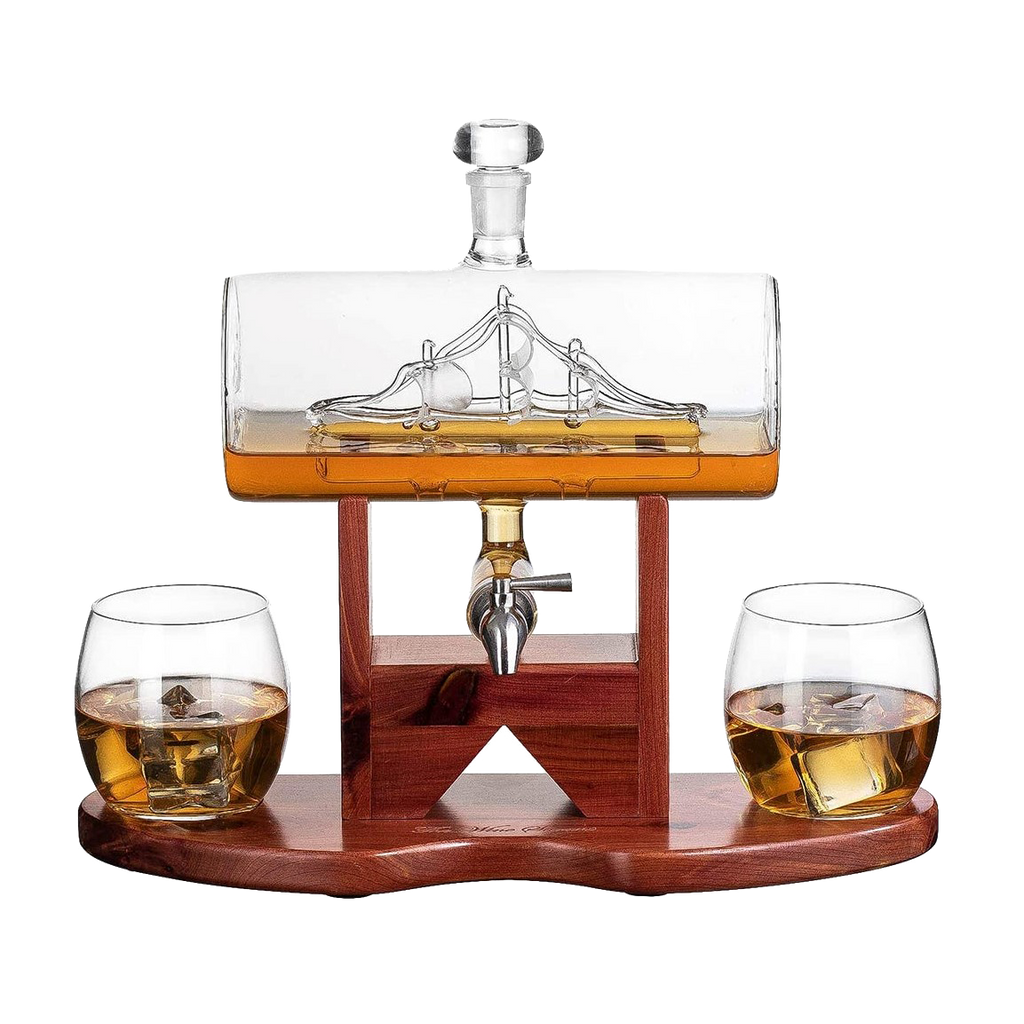 Hand-blown glass whiskey decanter with an antique ship inside, mahogany stand, and two glasses.