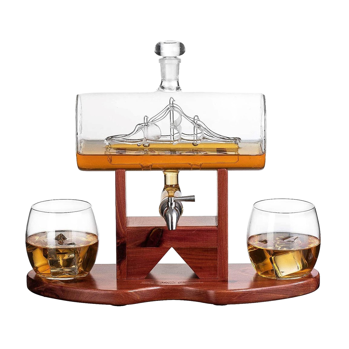 Hand-blown glass whiskey decanter with an antique ship inside, mahogany stand, and two glasses.