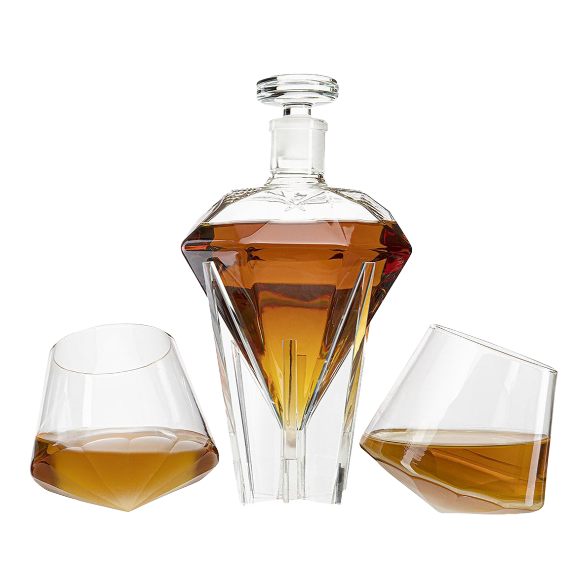 Diamond shaped glass whiskey decanter on a clear base with two matching diamond glasses.