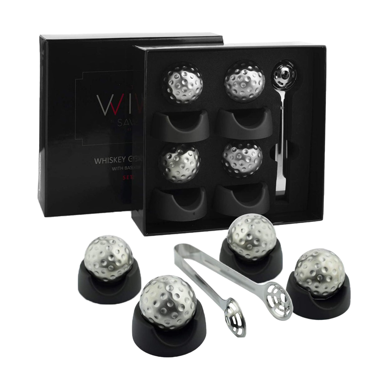 Stainless steel golf ball shaped whiskey stones chilling in a crystal glass of bourbon — view 2