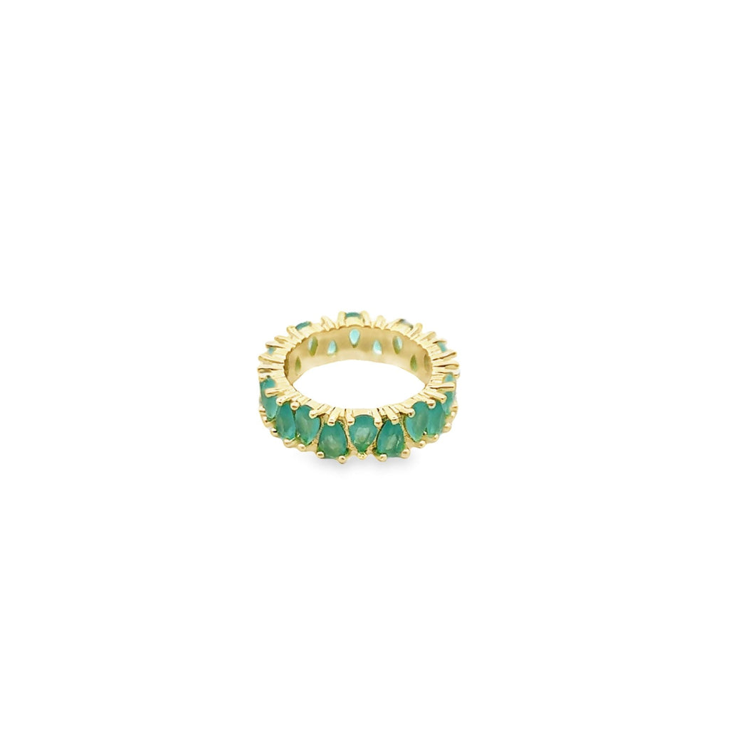 18K gold filled ring featuring pear cut teardrop multicolored cubic zirconia stones on metallic band — view 2