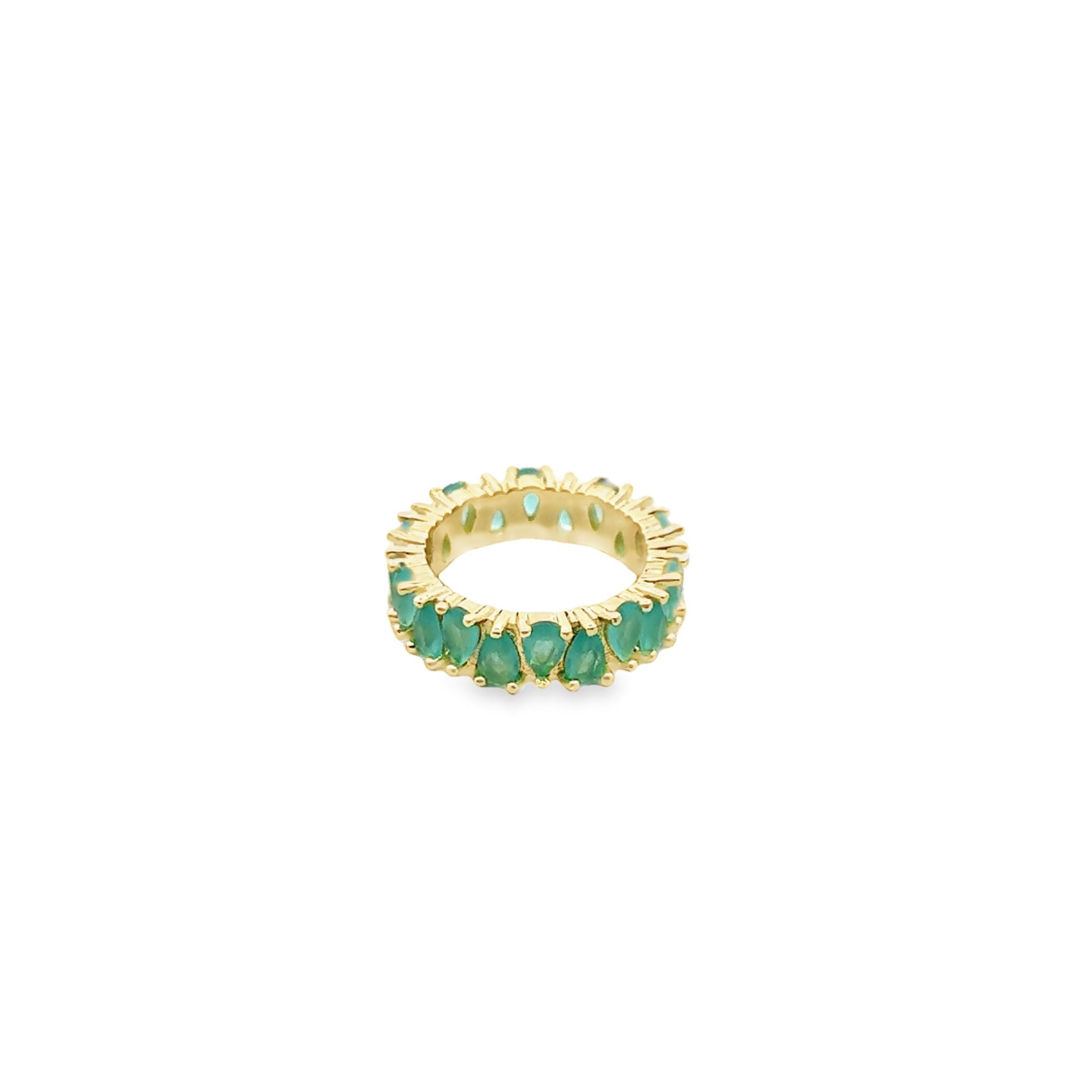 18K gold filled ring featuring pear cut teardrop multicolored cubic zirconia stones on metallic band — view 2