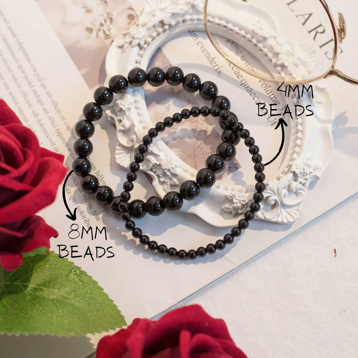 8mm  Black Obsidian Beaded Crystal Bracelet-2