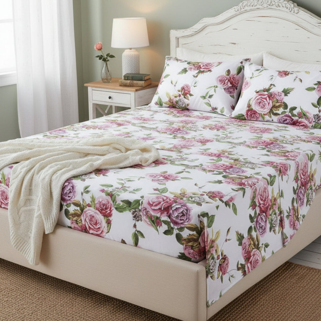 Romantic roses sheet set in pink floral print featuring flat sheet fitted sheet and pillowcases