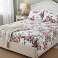 Romantic roses sheet set in pink floral print featuring flat sheet fitted sheet and pillowcases