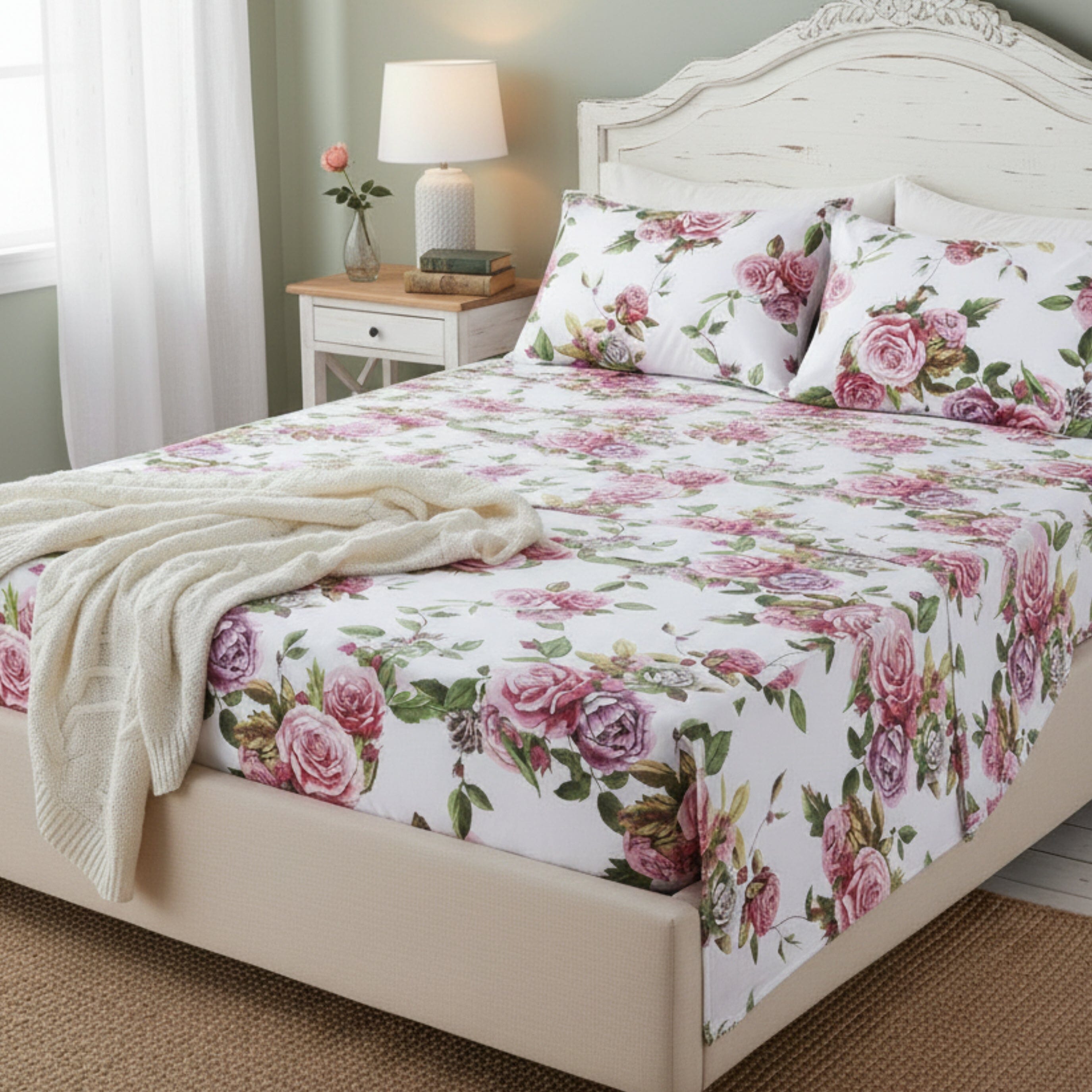 Romantic roses sheet set in pink floral print featuring flat sheet fitted sheet and pillowcases