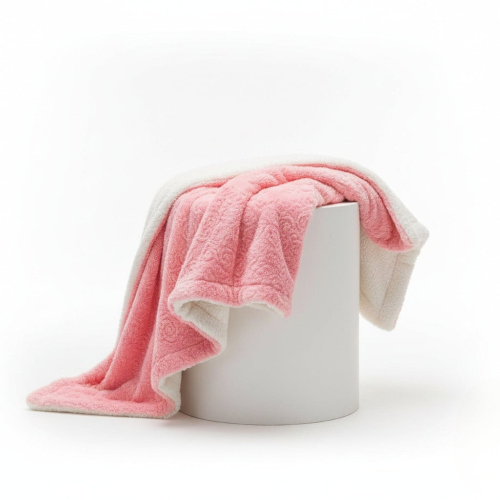 Luxury pink faux fur throw blanket with embossed rose buds and plush white Sherpa backing — view 3