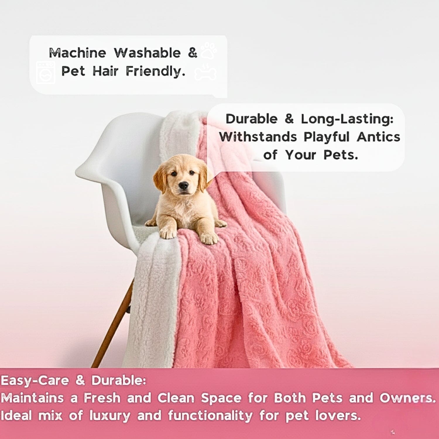 Folded baby pink faux fur throw blanket with embossed rose buds and white sherpa lining — view 5