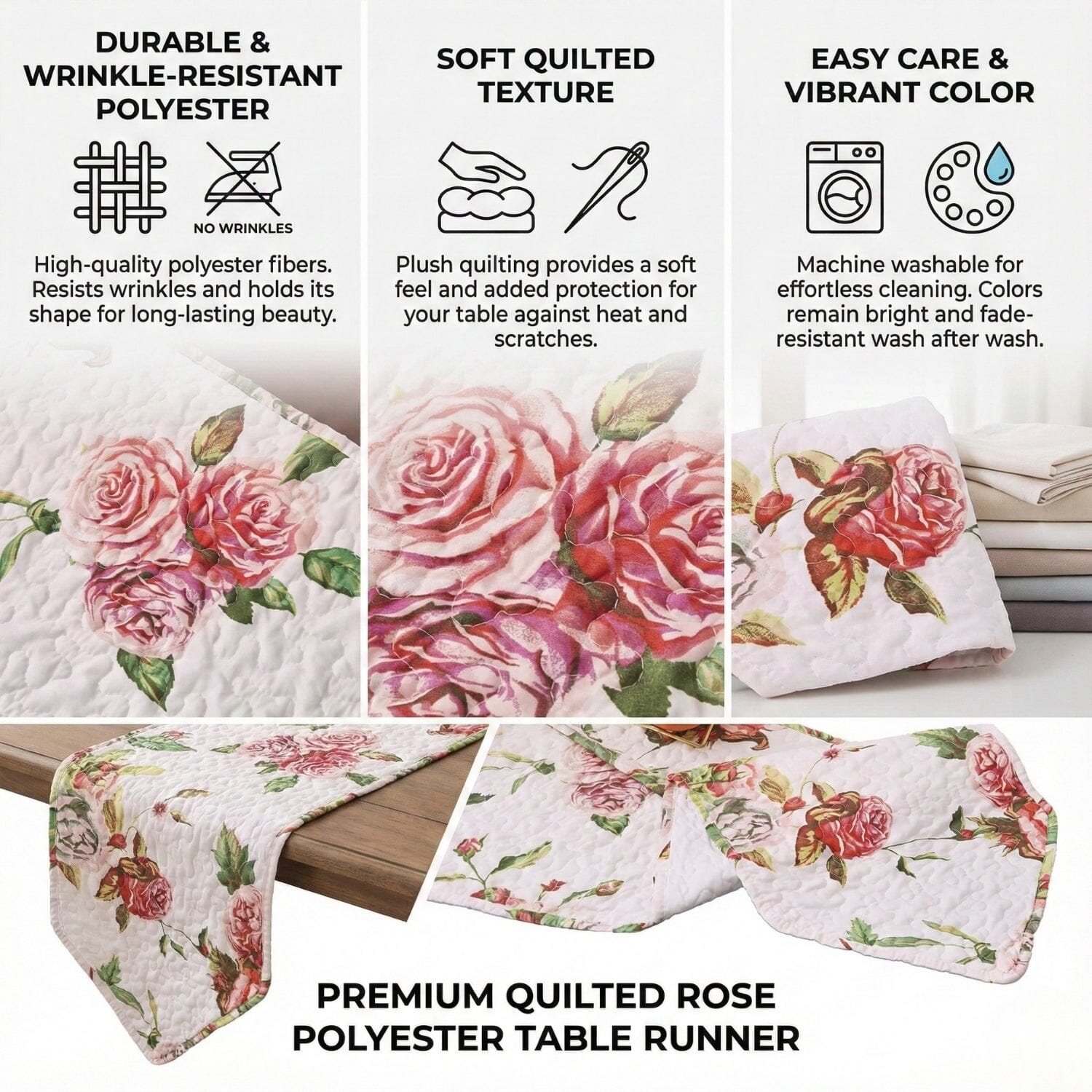 Quilted dining table runner with pink blooming roses and floral patterns on a white background — view 2