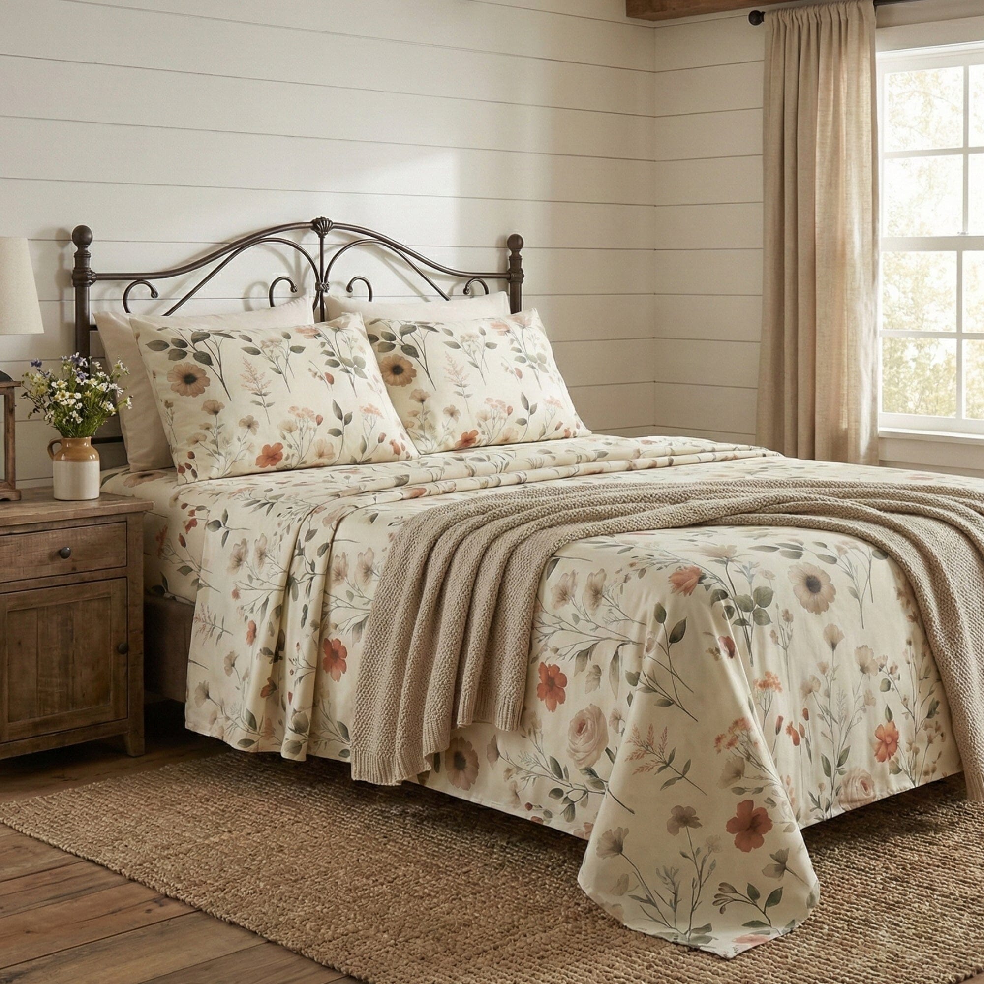 Enchanted Meadow floral bed sheet set with soft beige, rose, and green botanical microfiber prints.