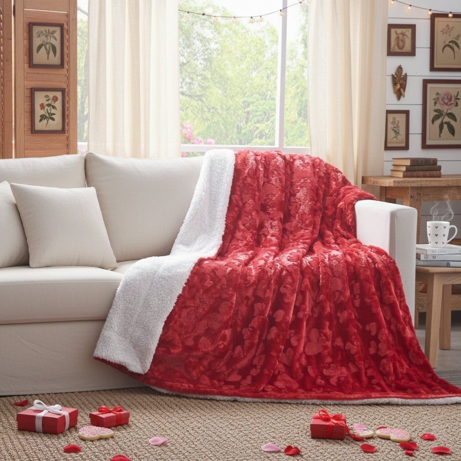 Red faux fur throw blanket with embossed hearts and fluffy white sherpa backing draped on couch — view 3