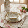 Floral quilted cotton dining placemat set of 4 with pink roses and green foliage design