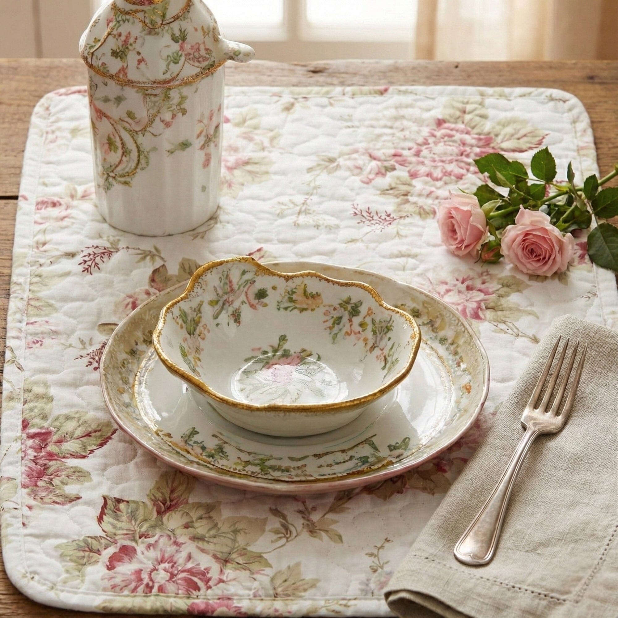 Floral quilted cotton dining placemat set of 4 with pink roses and green foliage design