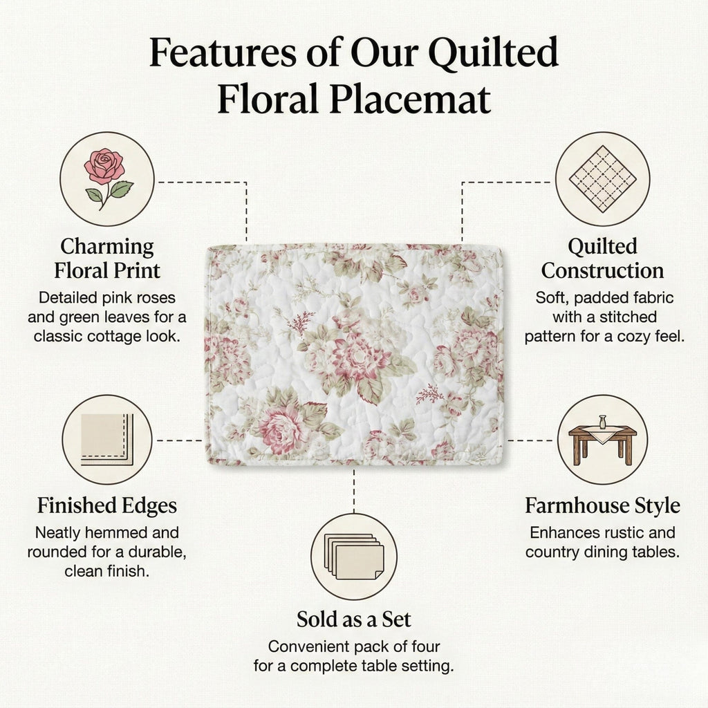 Floral quilted cotton dining placemat set of 4 with pink roses and green foliage design — view 2