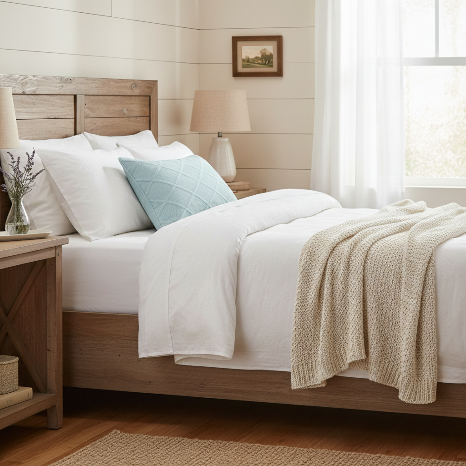 Seafoam blue cotton diamond pillow sham with geometric matelasse stitching on a modern bed setup — view 4