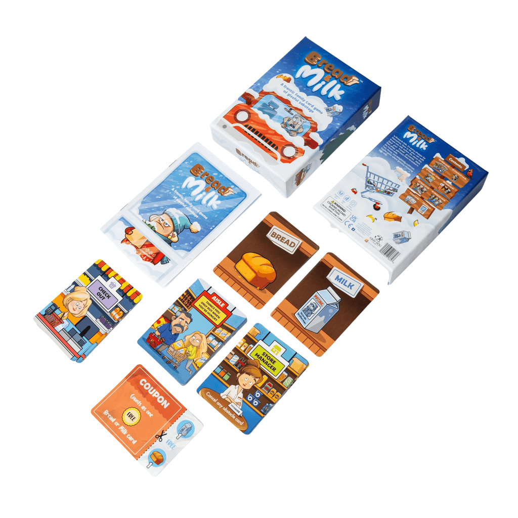 Bread and Milk family card game box and playing cards featuring hilarious grocery shopping illustrations — view 3