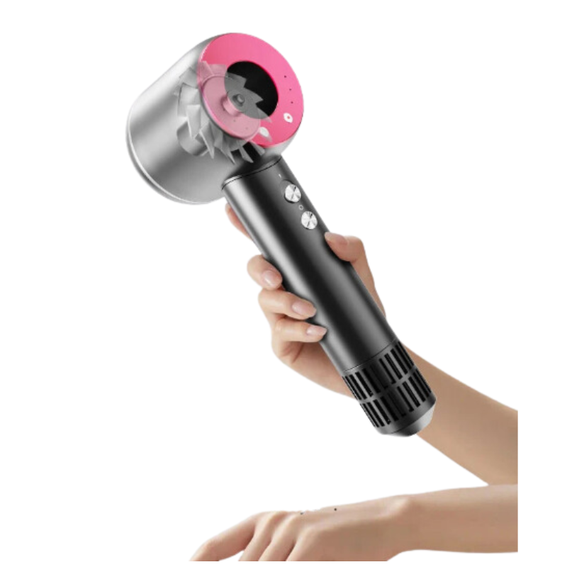 Professional ionic hair dryer featuring a compact unfoldable handle, concentrator nozzles, and power cord