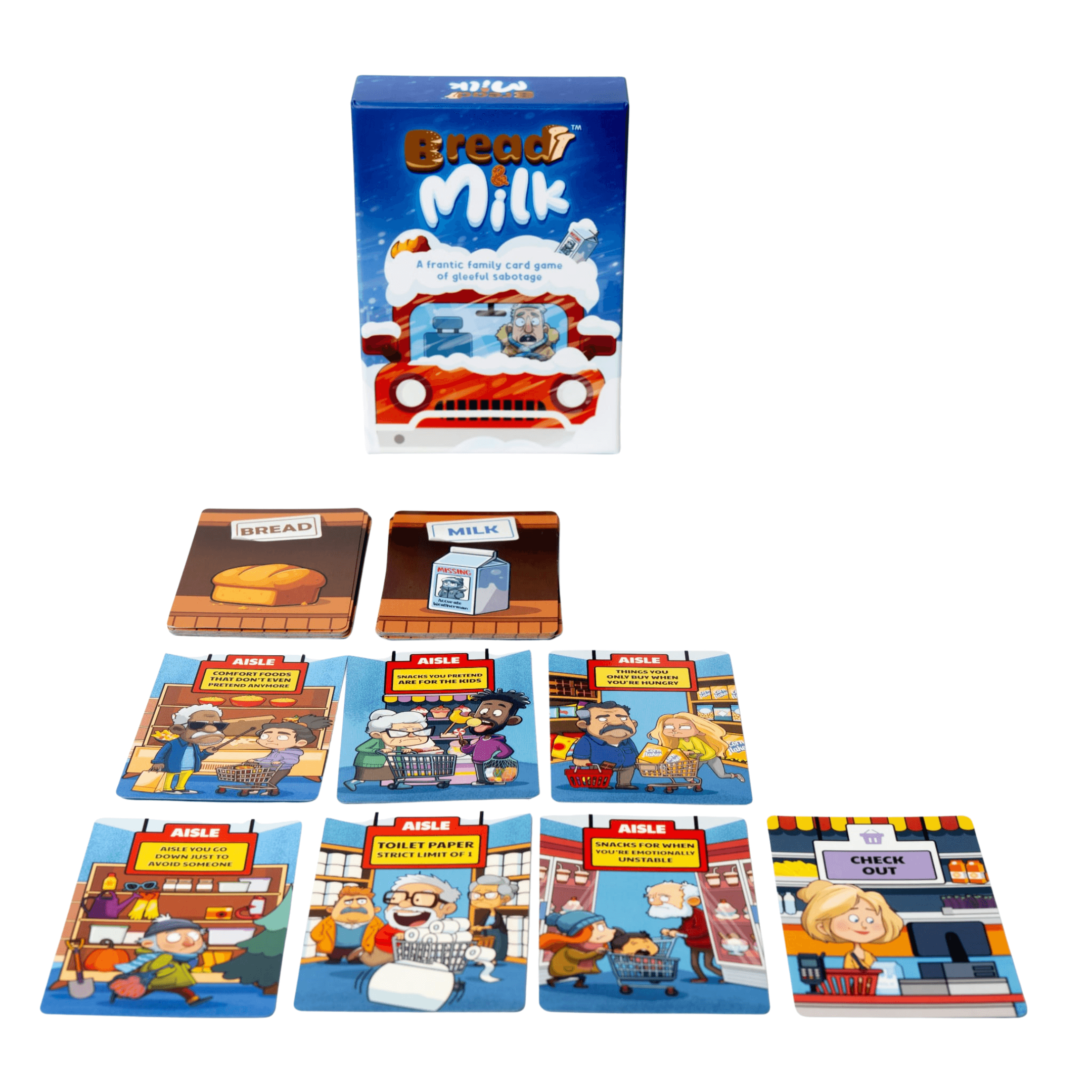 Bread and Milk family card game box and playing cards featuring hilarious grocery shopping illustrations — view 4