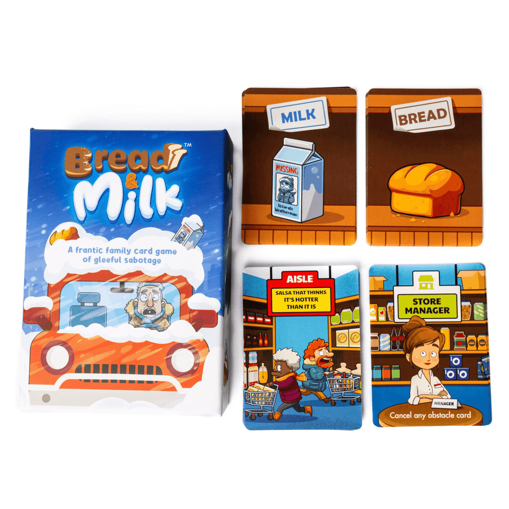 Bread and Milk family card game box and playing cards featuring hilarious grocery shopping illustrations — view 5