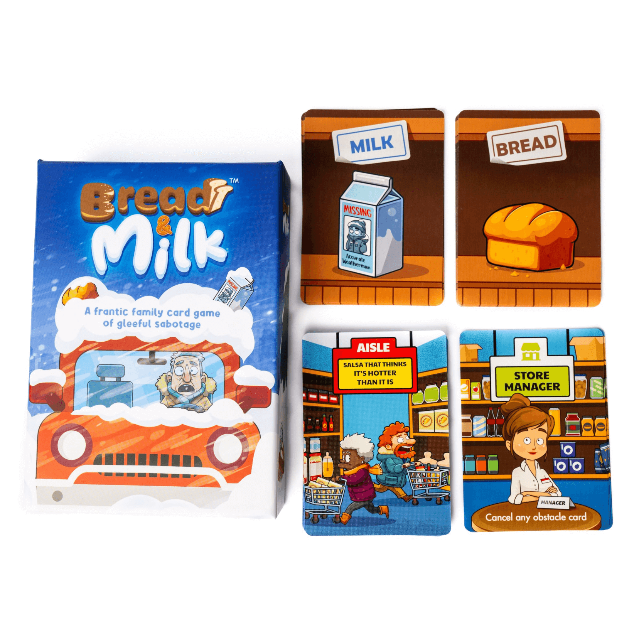 Bread and Milk family card game box and playing cards featuring hilarious grocery shopping illustrations — view 5