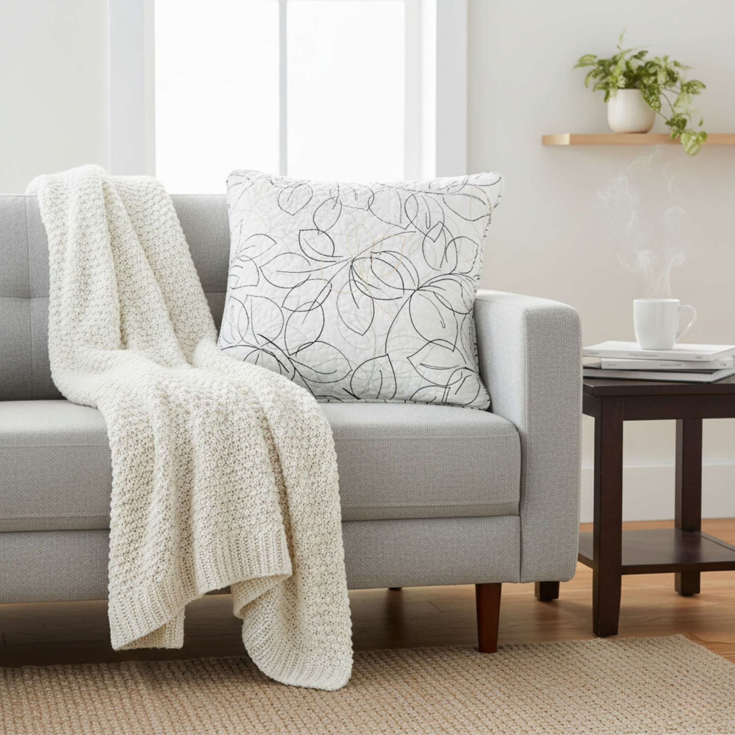 White microfiber cushion cover featuring minimalist black, gray, and gold leaf contour line art design. — view 2