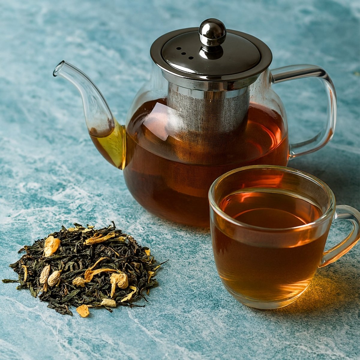 Loose leaf jasmine and mint green tea blend showing premium leaves peppermint and delicate blossoms — view 4