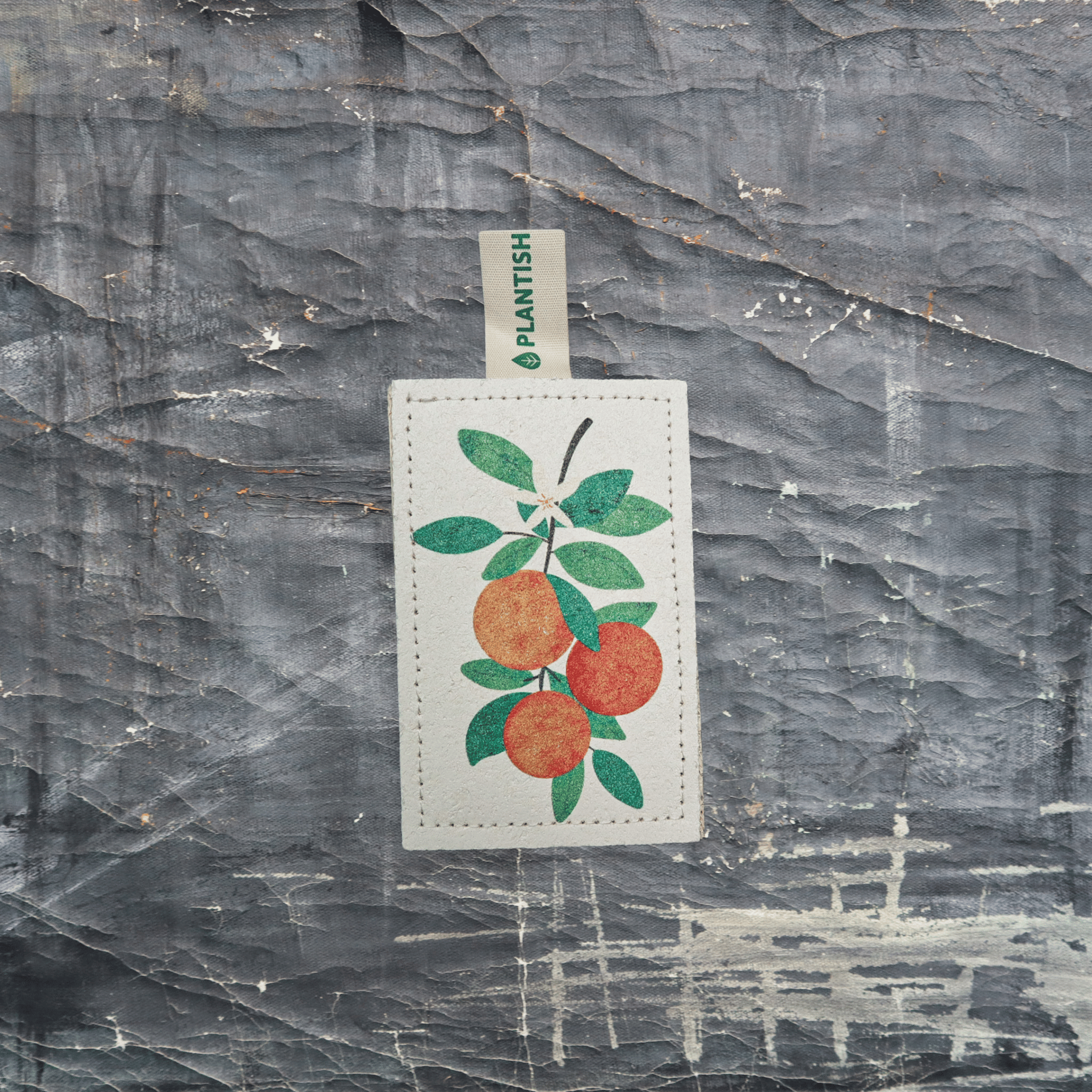 Eco-friendly compostable kitchen sponge with a cheerful orange citrus pattern, wood pulp, and loofah side.