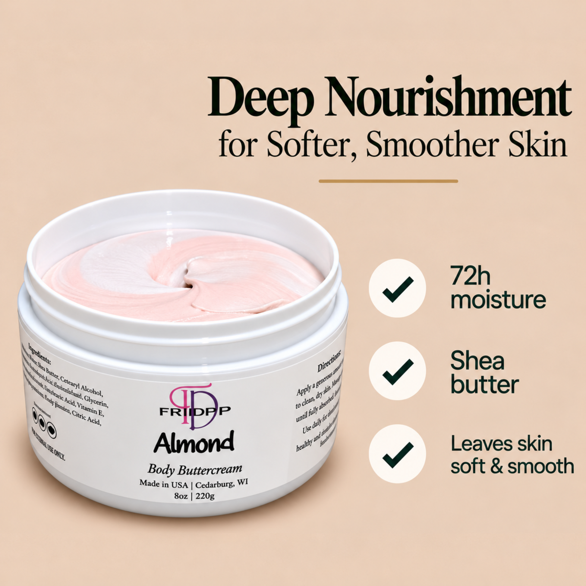 Almond Body Buttercream – Moisturizing Shea Butter & Safflower Oil, Warm Nutty Almond Scent, 8 oz-2