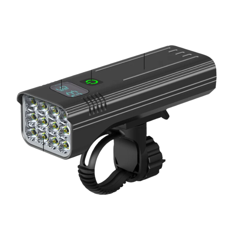 Pro bicycle light set with 12 high-intensity LEDs, digital display, and aluminum handlebar mount.