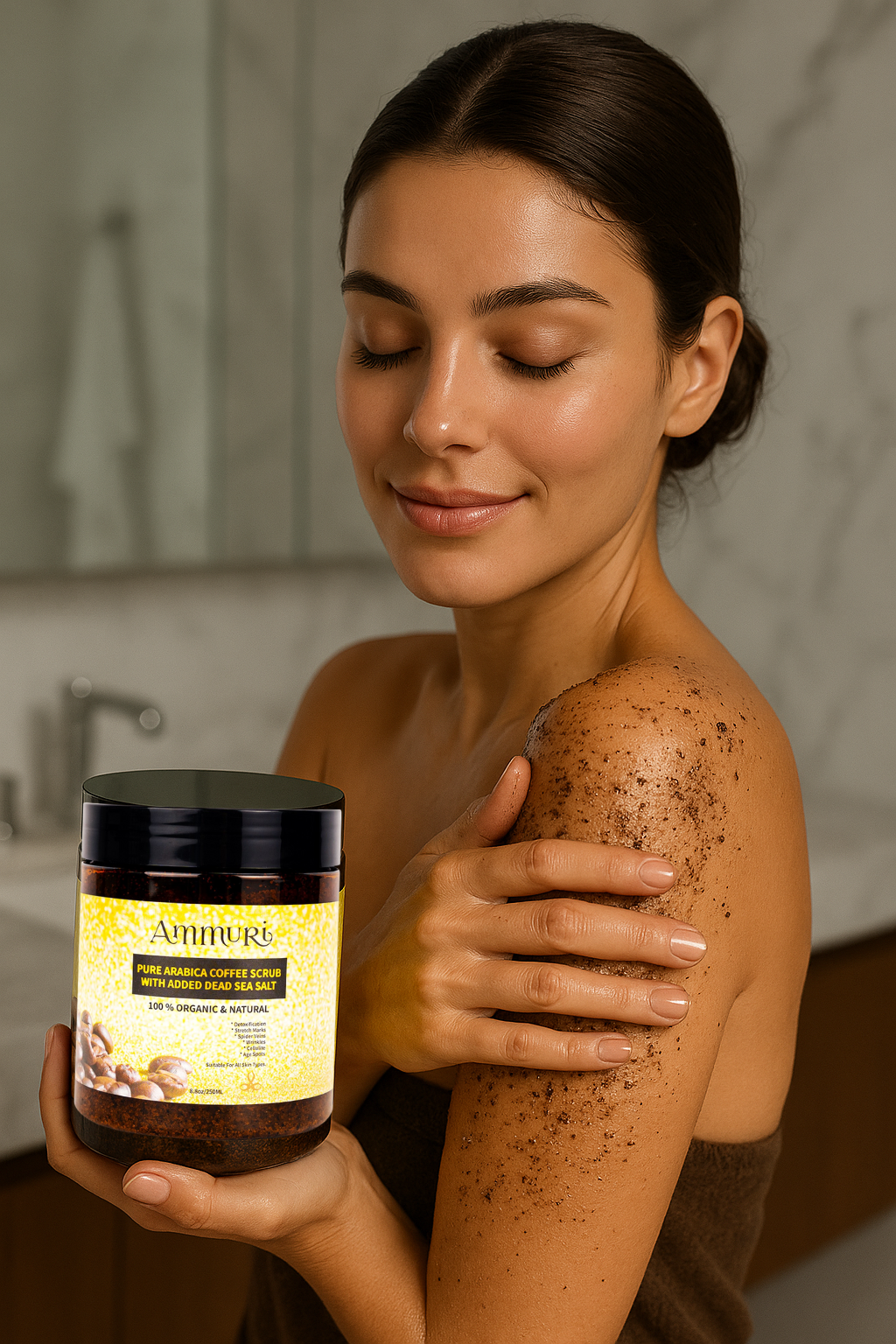 Organic Arabica coffee scrub face mask in a jar with Dead Sea salt — view 2