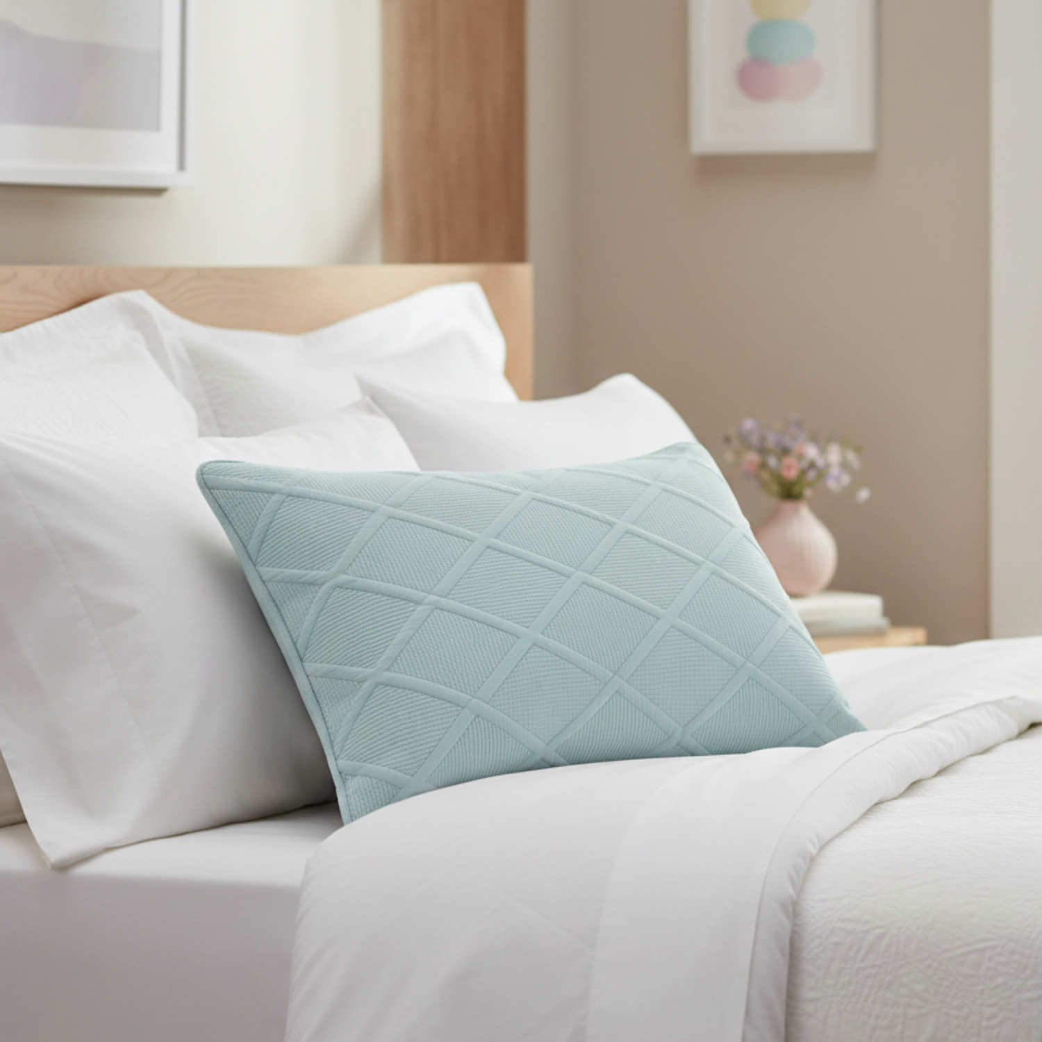 Seafoam blue cotton diamond pillow sham with geometric matelasse stitching on a modern bed setup — view 2