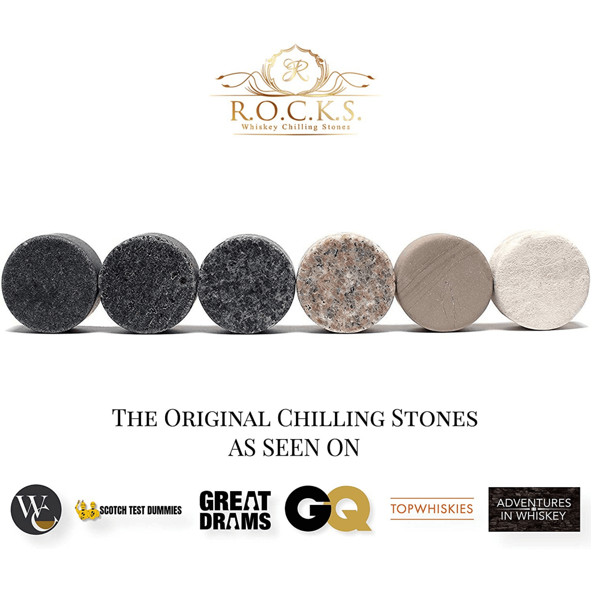 Bourbon barrel aged coffee bag next to six handcrafted granite whiskey chilling stones — view 4