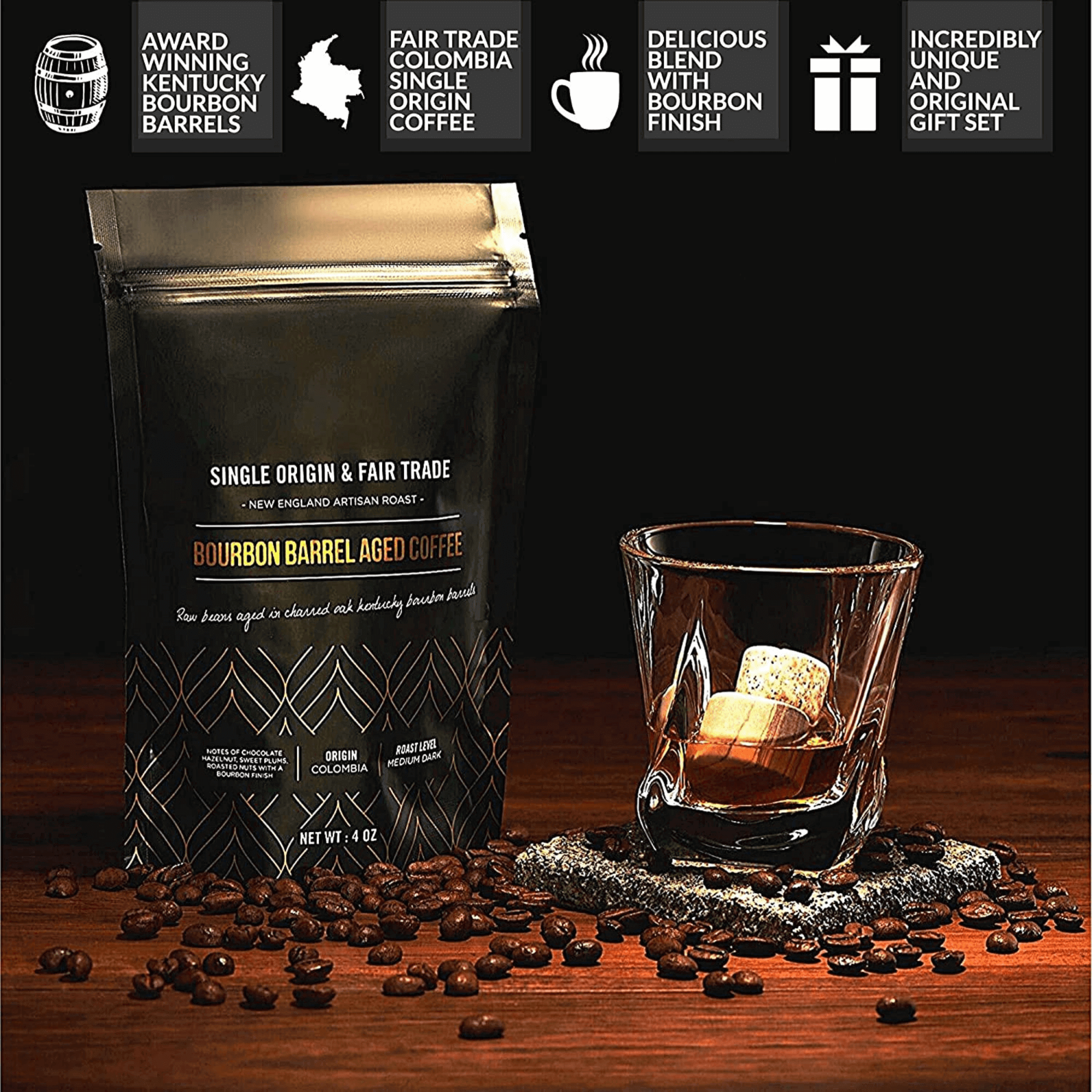 Bourbon barrel aged coffee bag next to six handcrafted granite whiskey chilling stones — view 2