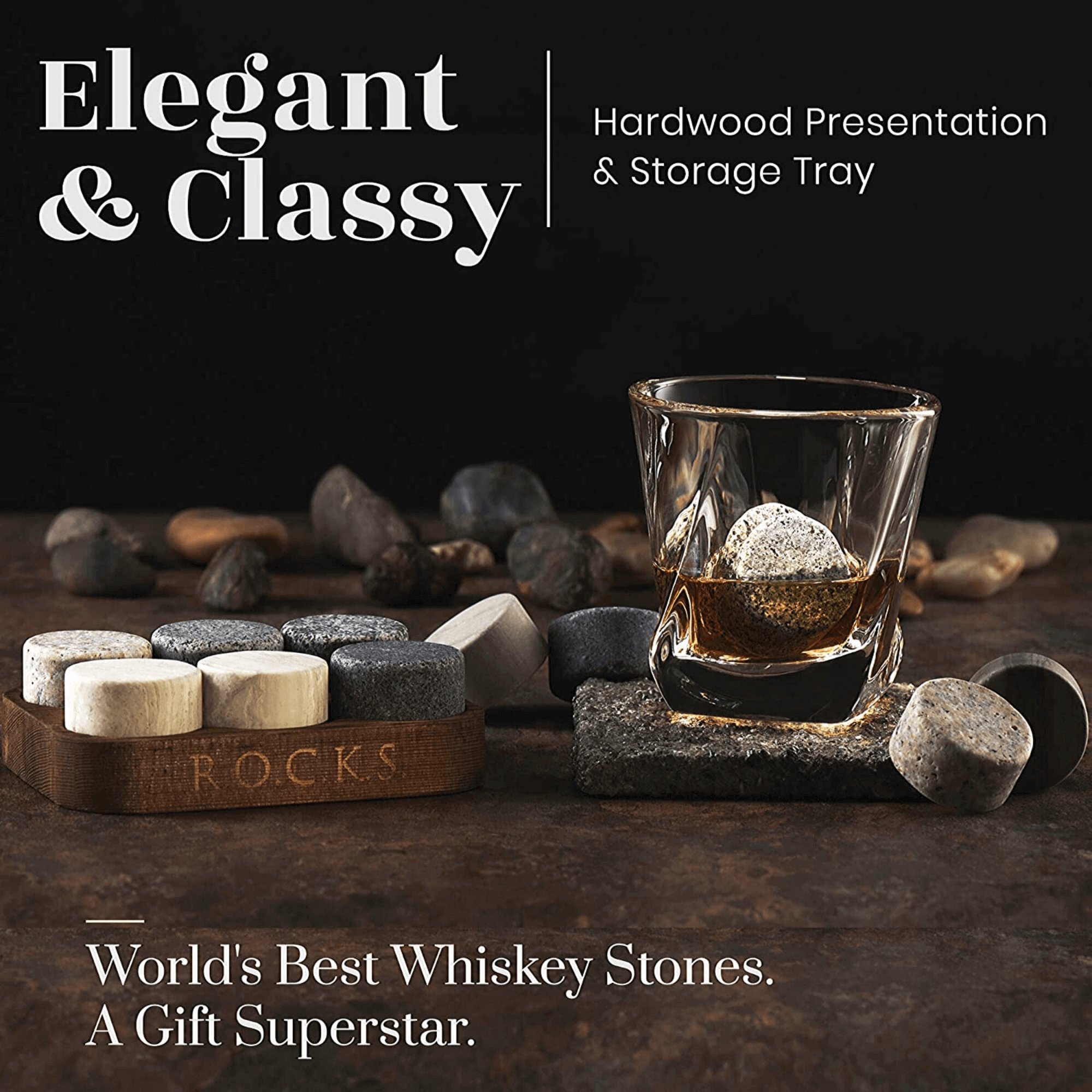 Bourbon barrel aged coffee bag next to six handcrafted granite whiskey chilling stones — view 5