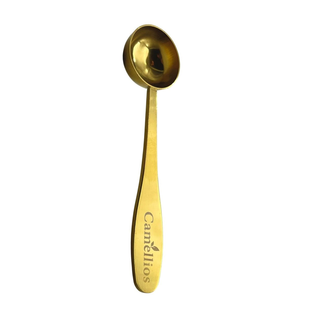 Sleek gold stainless steel tea measuring spoon with engraved logo for loose leaf tea — view 3