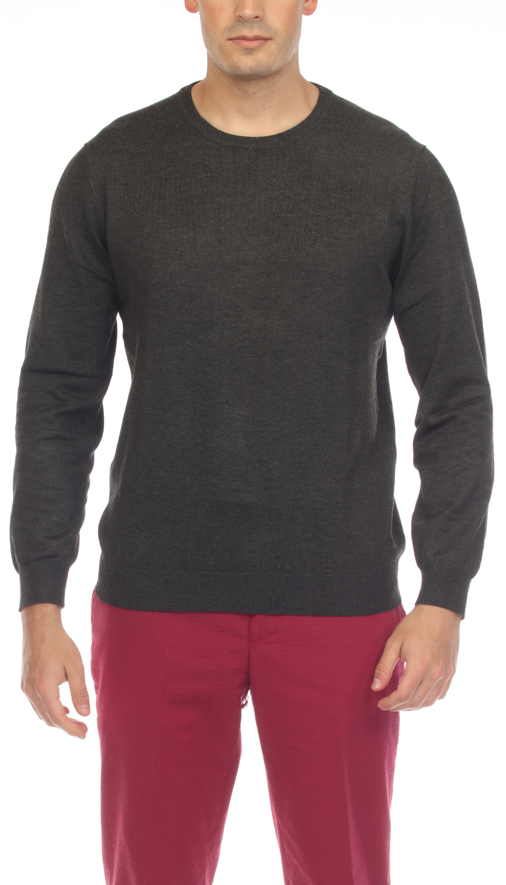 Men's charcoal grey knitted crewneck sweater, slim fit long sleeve pullover on a neutral background