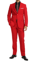 Paul Lorenzo men's red slim fit two piece suit featuring a two button jacket and trousers