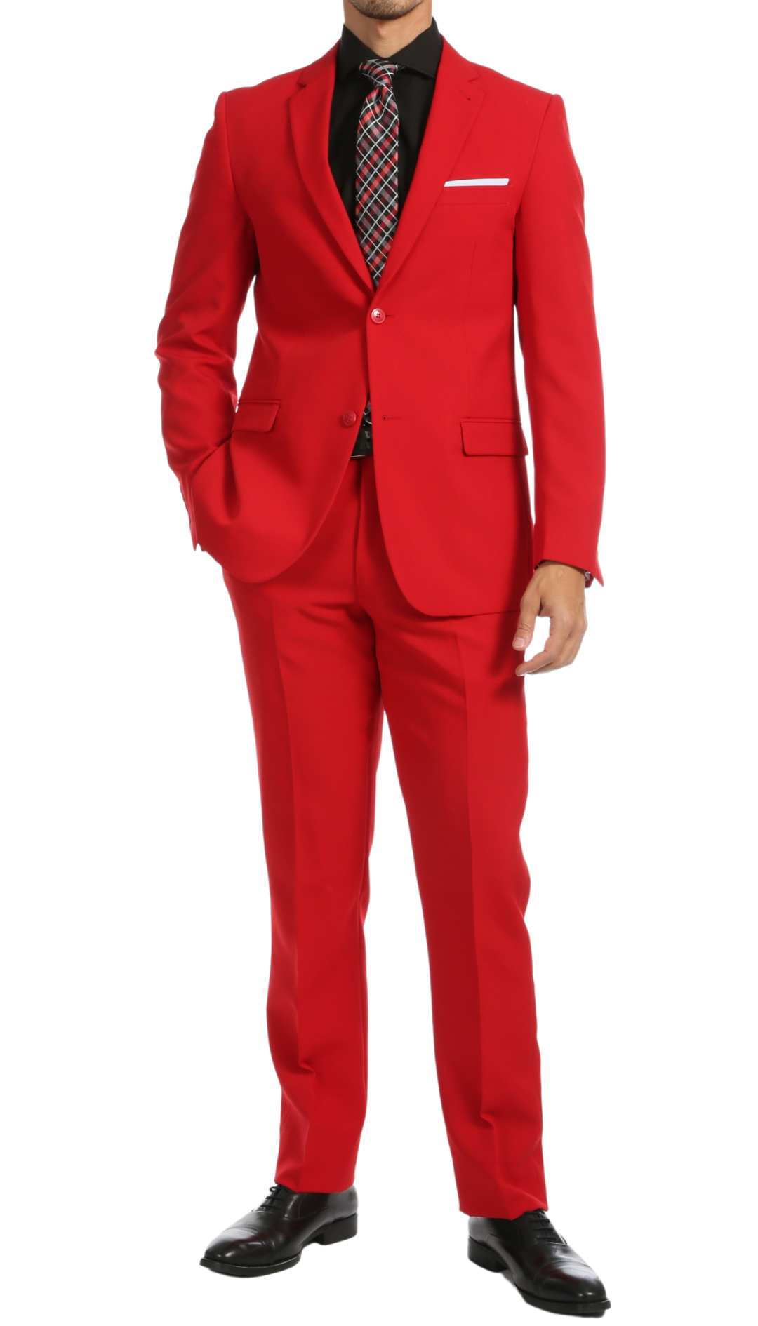 Paul Lorenzo men's red slim fit two piece suit featuring a two button jacket and trousers