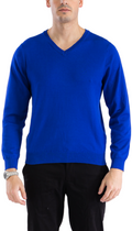 Men's indigo V-neck knitted pullover sweater with long sleeves and ribbed cuffs