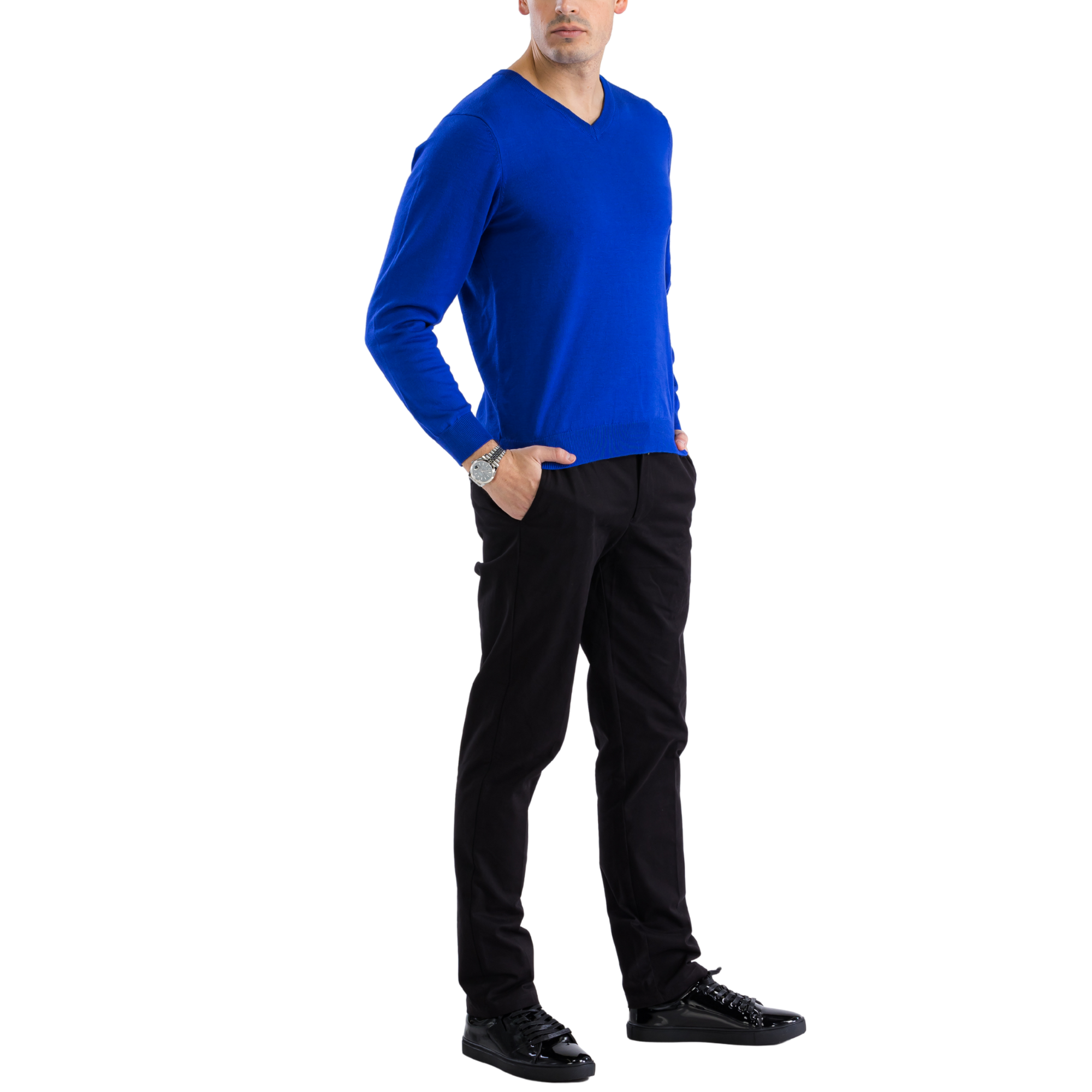 Men's indigo V-neck knitted pullover sweater with long sleeves and ribbed cuffs — view 2