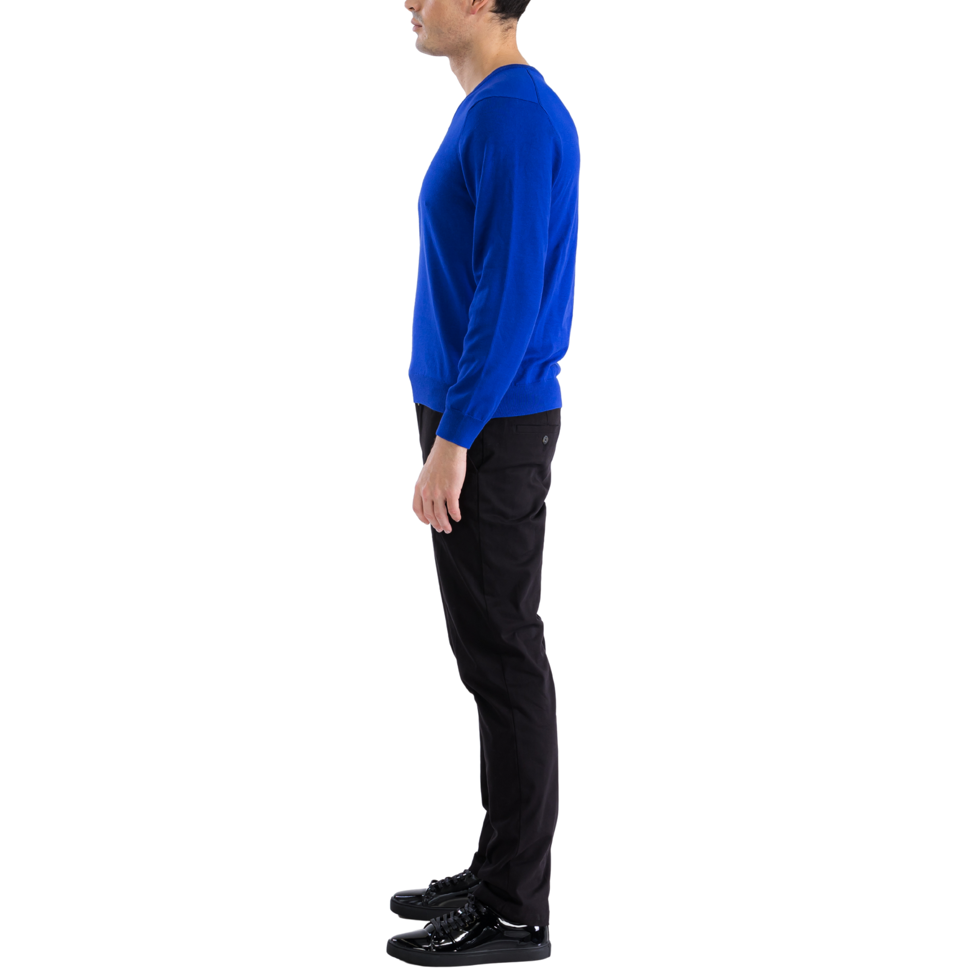 Men's indigo V-neck knitted pullover sweater with long sleeves and ribbed cuffs — view 5
