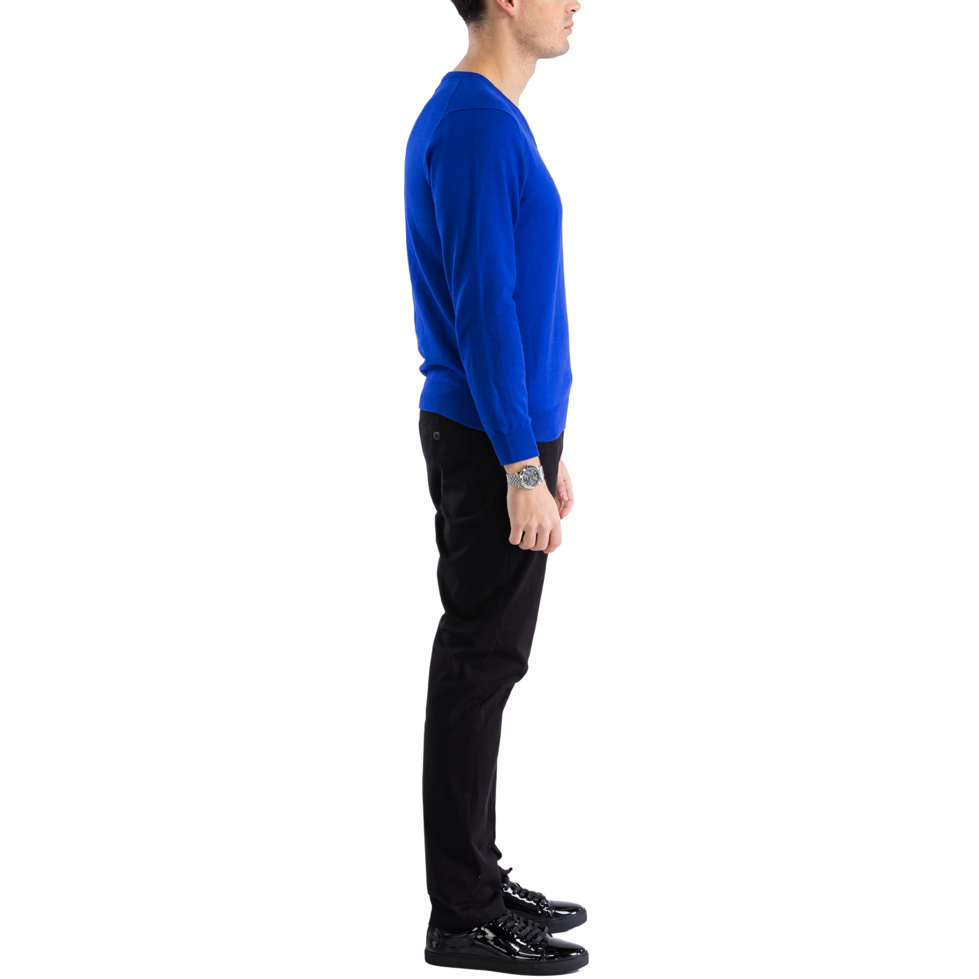 Men's indigo V-neck knitted pullover sweater with long sleeves and ribbed cuffs — view 4