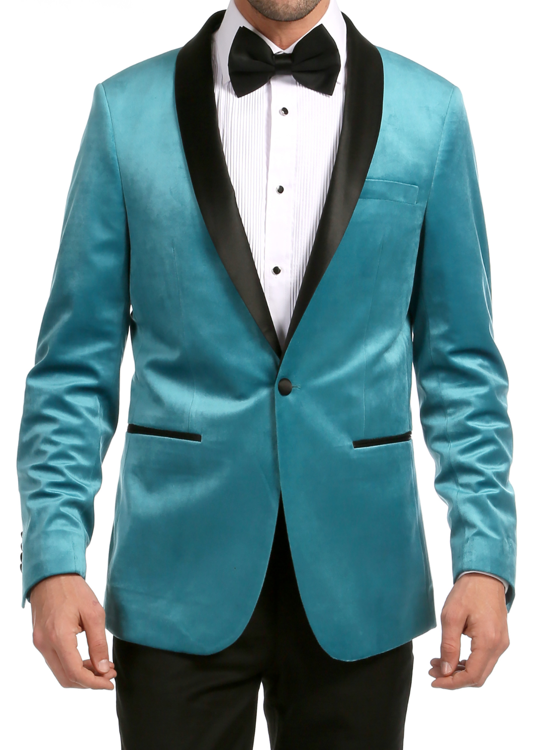 Turquoise velvet men's tuxedo blazer with black satin shawl lapel and single button closure