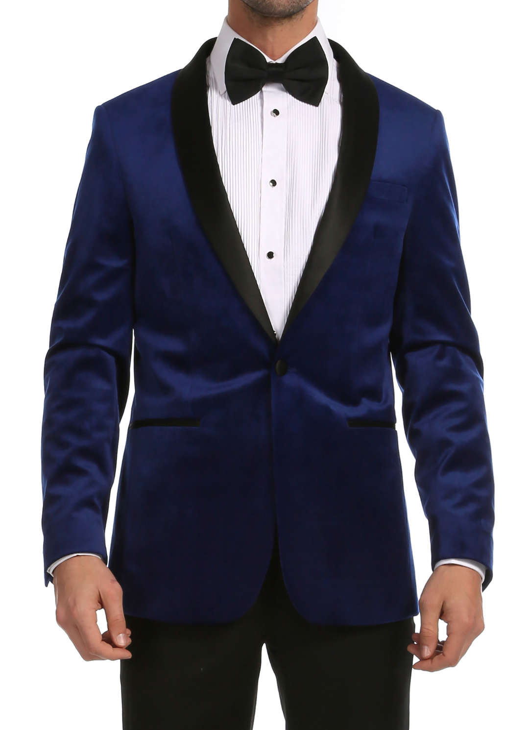 Enzo indigo blue velvet slim fit men's tuxedo blazer with black satin shawl lapel