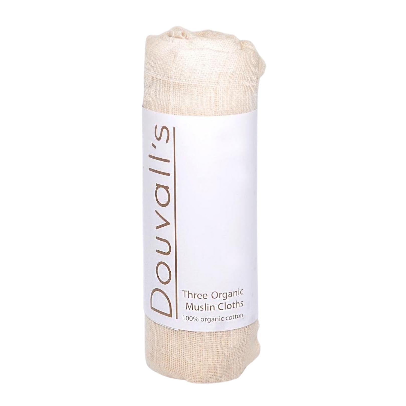 Three pack of organic cotton muslin face cloths for gentle skincare exfoliation and cleansing