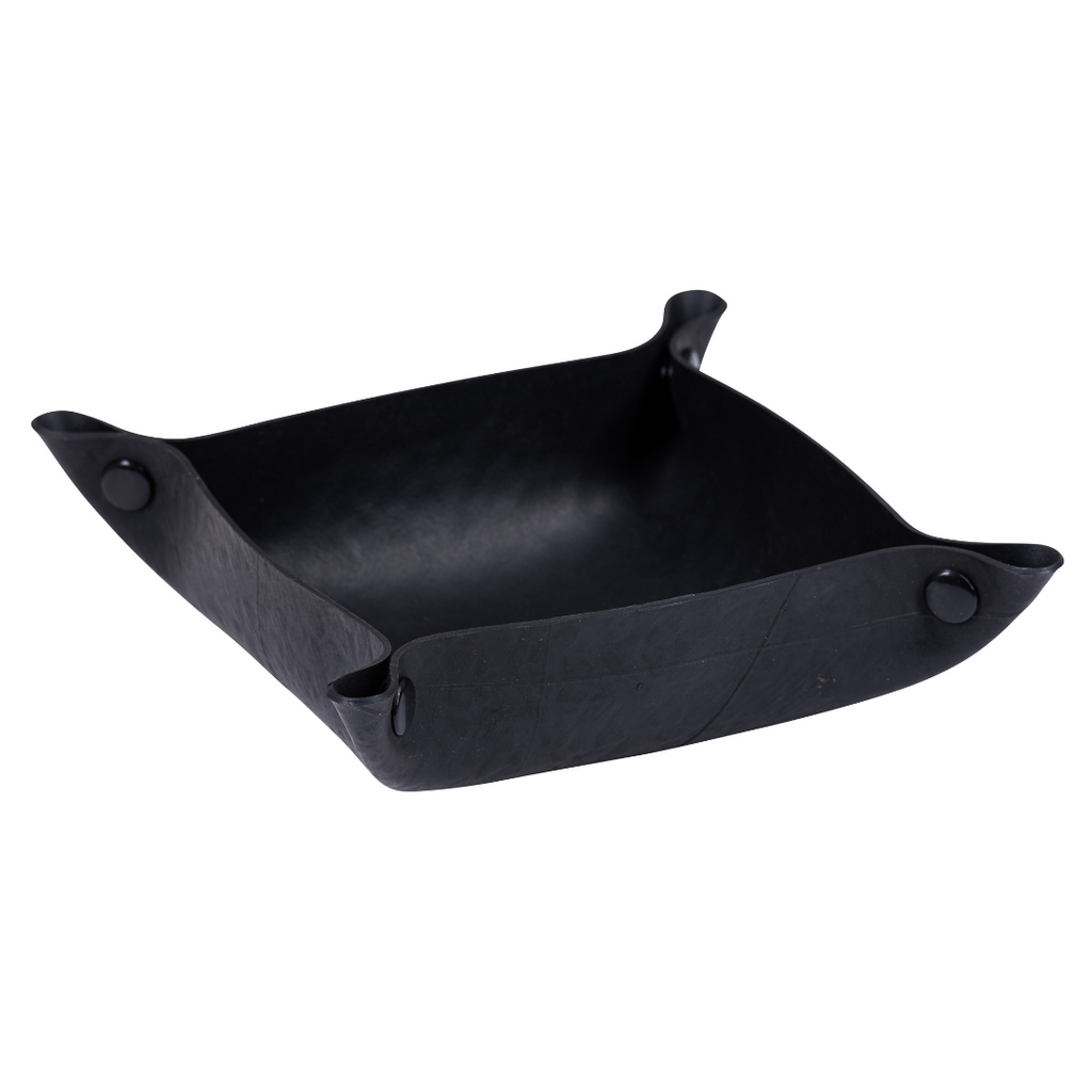 Upcycled rubber trinket tray in black, handmade vegan valet dish with press stud corners — view 5