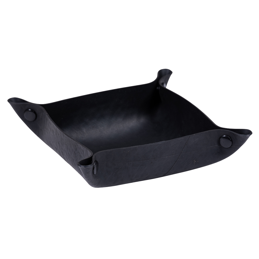 Upcycled rubber trinket tray in black, handmade vegan valet dish with press stud corners — view 5