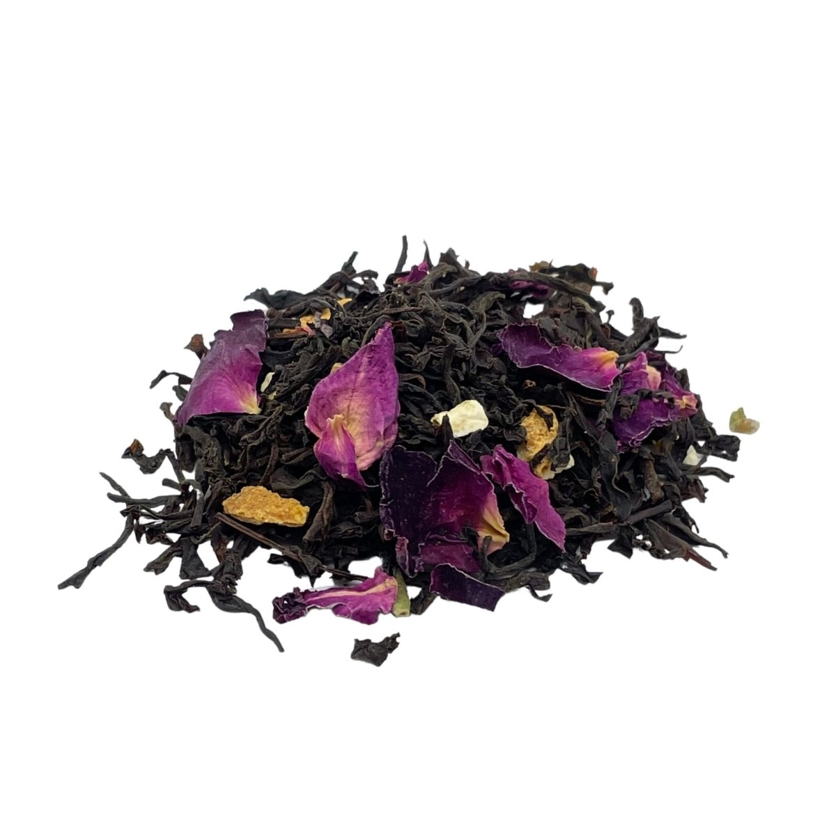 Premium Earl Grey loose leaf tea blend featuring dried rose petals and orange peel