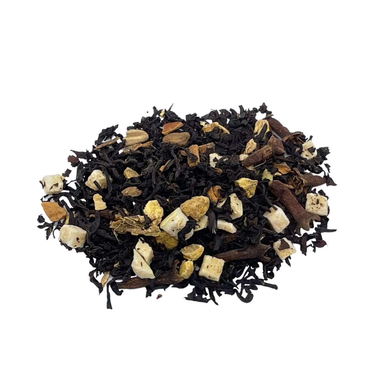 Spiced apple chai loose leaf black tea blend with visible dried fruit and warming winter spices