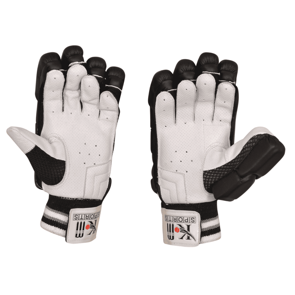 White and black premium cricket batting gloves with leather palm and ventilation panels for adult players — view 2